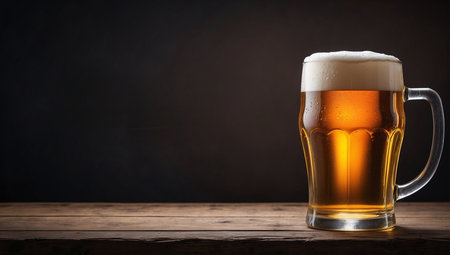 Glass of beer on wooden table over dark background with copy space.の素材