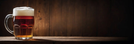 Glass of beer on a wooden background. Copy space for text.の素材
