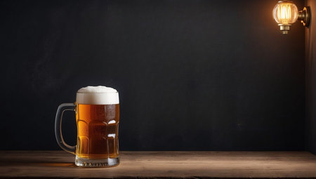 Mug of beer on wooden table and blackboard background with light bulbの素材