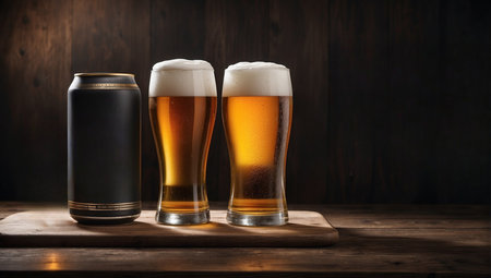 Beer in glasses and a can on a wooden table. Dark background.の素材