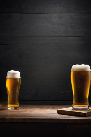 Two glasses of beer on a wooden table. Dark background. Copy space.の素材