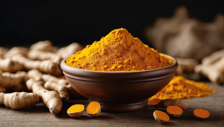Turmeric powder in a bowl on a wooden table, closeupの素材