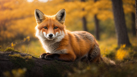 Red fox sitting on a log in the autumn forest at sunset.の素材