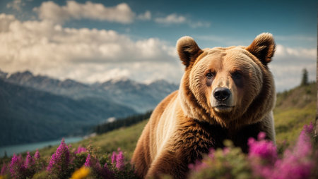 Brown bear on the top of a hill with flowers. Beautiful summer landscape.の素材