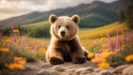 Brown bear sitting in a field of flowers in summer. Sunset in the mountainsの素材
