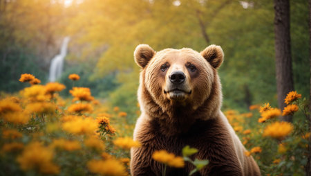 Beautiful brown bear on the background of yellow flowers in the forestの素材