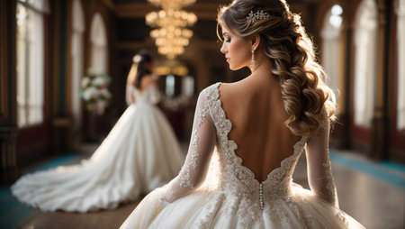 Beautiful bride in a white wedding dress posing in the interior.の素材