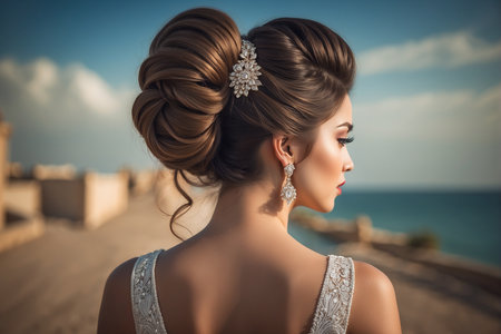 Beautiful bride with wedding hairstyle and makeup on the background of the seaの素材