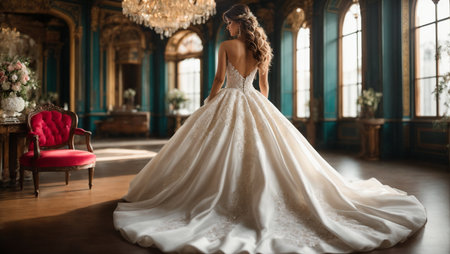 Beautiful bride in a luxurious wedding dress posing in the interior.の素材