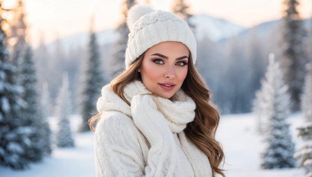 Winter portrait of beautiful young woman in white knitted hat and scarfの素材