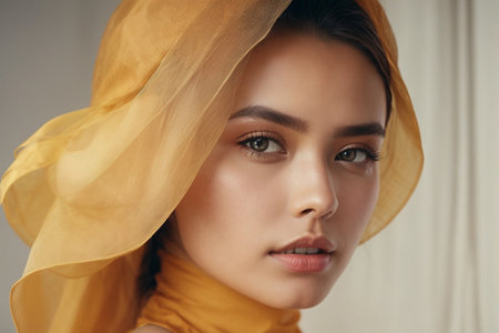 beautiful young woman in yellow scarf looking at camera isolated on greyの素材