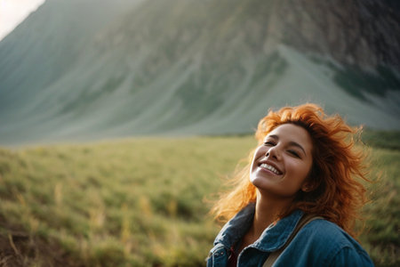 Portrait of a smiling young woman with red hair in the mountainsの素材