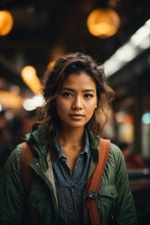 Portrait of a beautiful young asian woman with backpack in the cityの素材