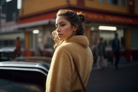 Fashionable young woman in a yellow fur coat on the streetの素材