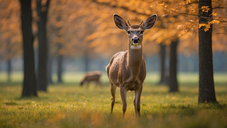 Whitetail deer doe in velvet standing in autumn forest.の素材