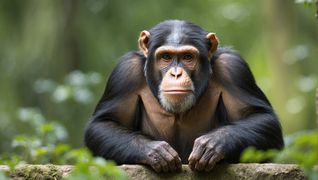 Chimpanzee sitting on a rock in the forest. Front view.の素材