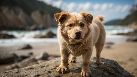 Golden retriever dog standing on a rock on the beach and looking at the seaの素材