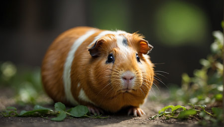 Guinea pig sitting on the ground in the garden. Shallow depth of field.の素材