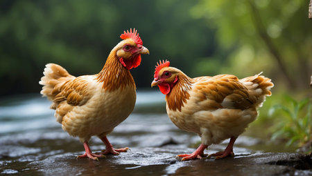 chickens standing on the edge of the river in the countrysideの素材