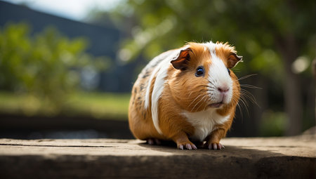 Guinea pig sitting on a wooden platform with a green background.の素材