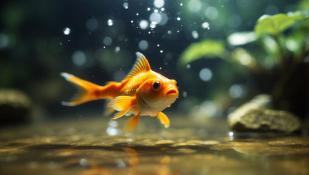 Goldfish swimming in the aquarium. Beautiful small goldfish swimming in the water.の素材