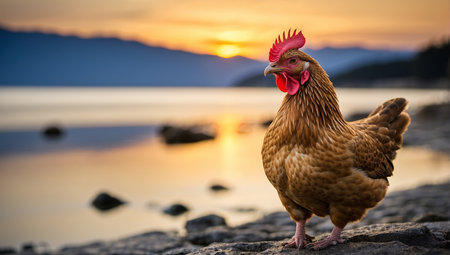 Brown hen standing on the rock with beautiful sunrise in the background.の素材