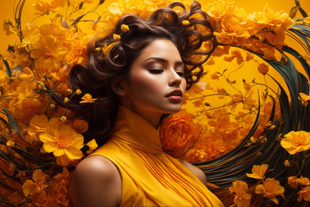 Beautiful young woman with long wavy hairstyle and yellow flowers in her hair. Beauty, fashion.の素材
