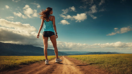 young woman trail runner running on country road at beautiful sunny summer dayの素材