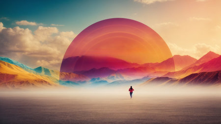 Woman walking in the desert at sunset.の素材