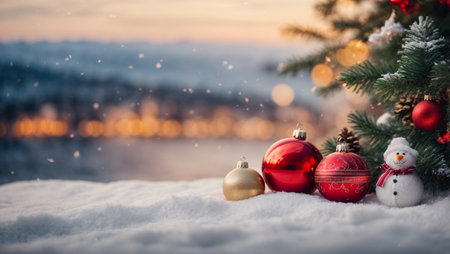 Foto de Christmas background. Festive decoration on the snow. New Year. Selective focus. Holiday. - Imagen libre de derechos