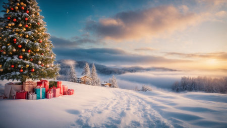 Winter landscape with a Christmas tree and gifts on the background of the mountainsの素材