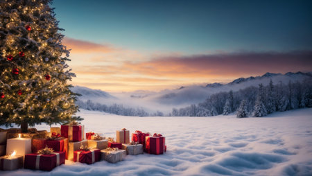 Christmas tree and gifts on the snow in the mountains at sunset.の素材