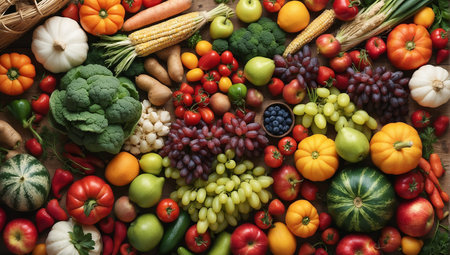 Fresh fruits and vegetables background. Healthy food concept. Top view.の素材