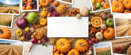 Autumn harvest of vegetables and fruits with white blank card for copy spaceの素材