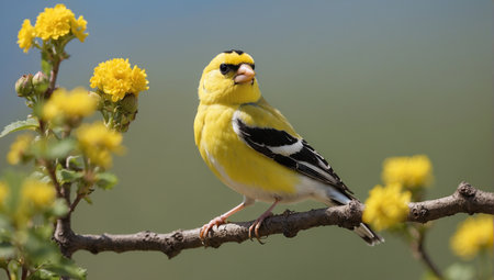 American Goldfinch (Carduelis tristis) perched on a branchの素材