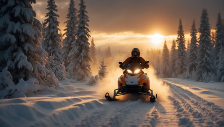 Athlete riding a snowmobile in the mountains at sunset.の素材