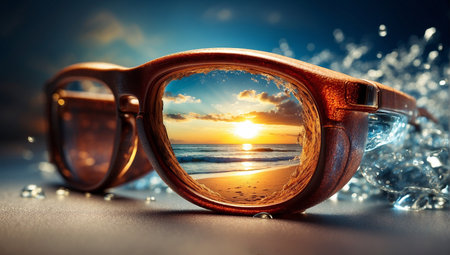 Sunglasses with reflection of the setting sun on the beach.の素材
