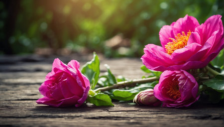 Beautiful pink peony flowers on old wooden table in garden.の素材