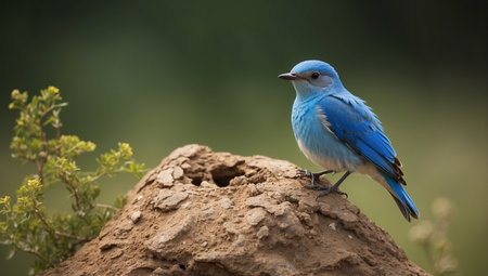 Male Eastern Bluebird (Sialia sialis) standing on termite moundの素材