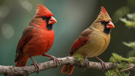Male and female Northern Cardinal (cardinalis cardinalis) on a branchの素材