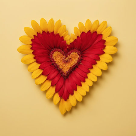 Heart shape made of red and yellow gerbera flowers on yellow backgroundの素材