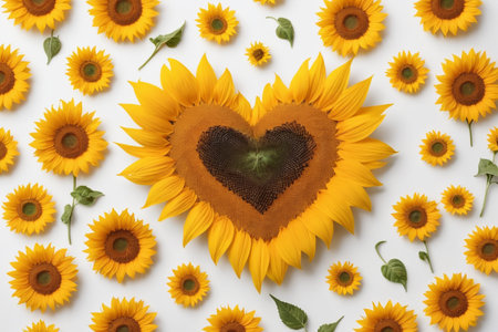 Beautiful sunflowers with heart on white background, top viewの素材