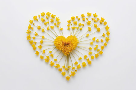 Heart made of yellow flowers on white background. Flat lay, top viewの素材