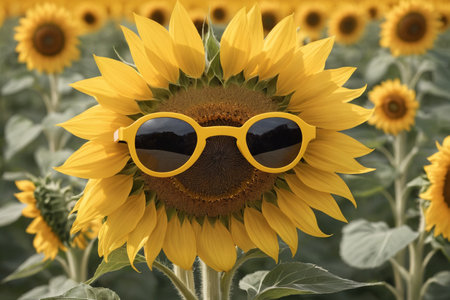 Sunflower with sunglasses on a background of sunflowers field.の素材
