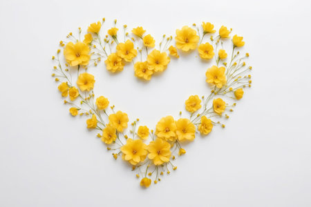 Heart made of yellow flowers on white background. Flat lay, top viewの素材