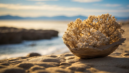 Dry plant in a basket on the beach at sunsetの素材
