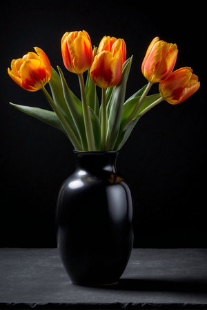 Bouquet of orange tulips in vase on black backgroundの素材