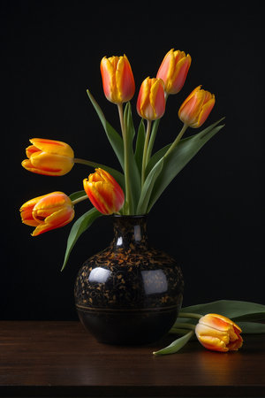 Bouquet of tulips in a vase on a black backgroundの素材
