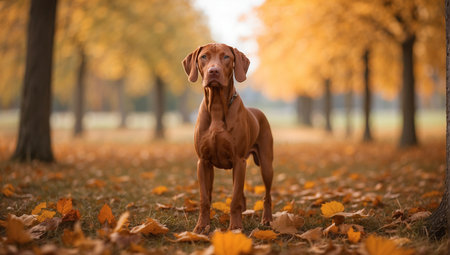 Hungarian Vizsla dog in autumn park. Selective focus.の素材
