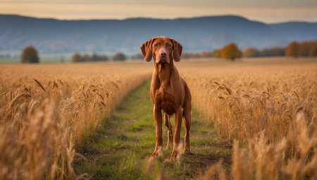 Hungarian hunter dog vizsla in a wheat field at sunsetの素材
